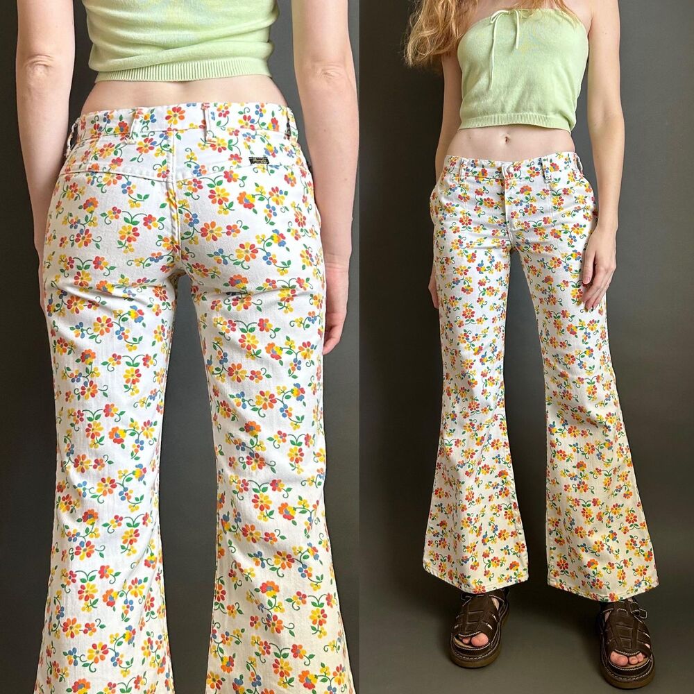 1960s Vintage Wrangler Low Rise Floral Bell Bottoms, XS